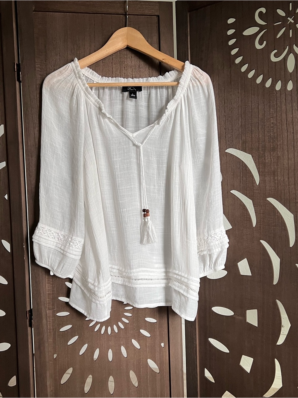 BCX White Gauze Peasant Tunic with Tassel